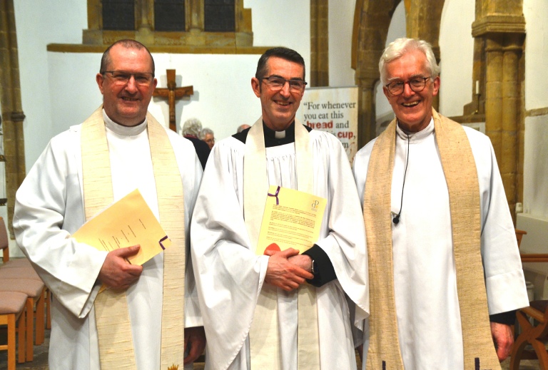 Archdeacon Richard, Revd Kris and Bishop Ed pictured at the Licensing service held on 27 March at St Peter’s Cogenhoe.